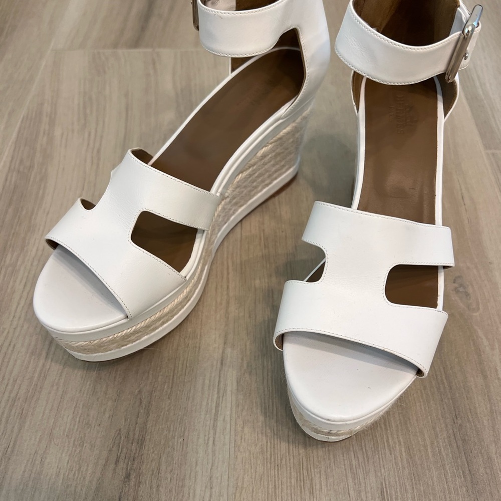 Hermes White Wedge Platform Sandals